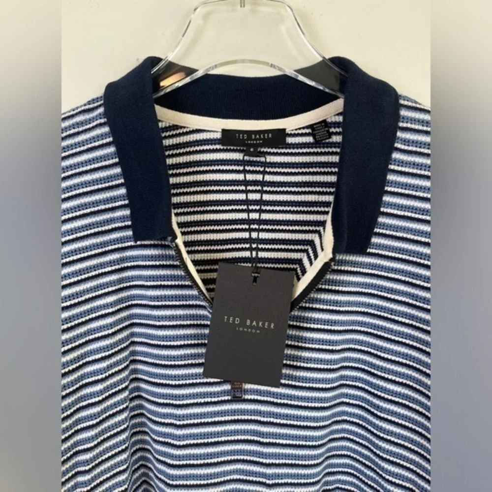 Ted Baker Cotton Blend Textured Stripe Relaxed Fit Quarter Zip Polo Shirt, NWT‎